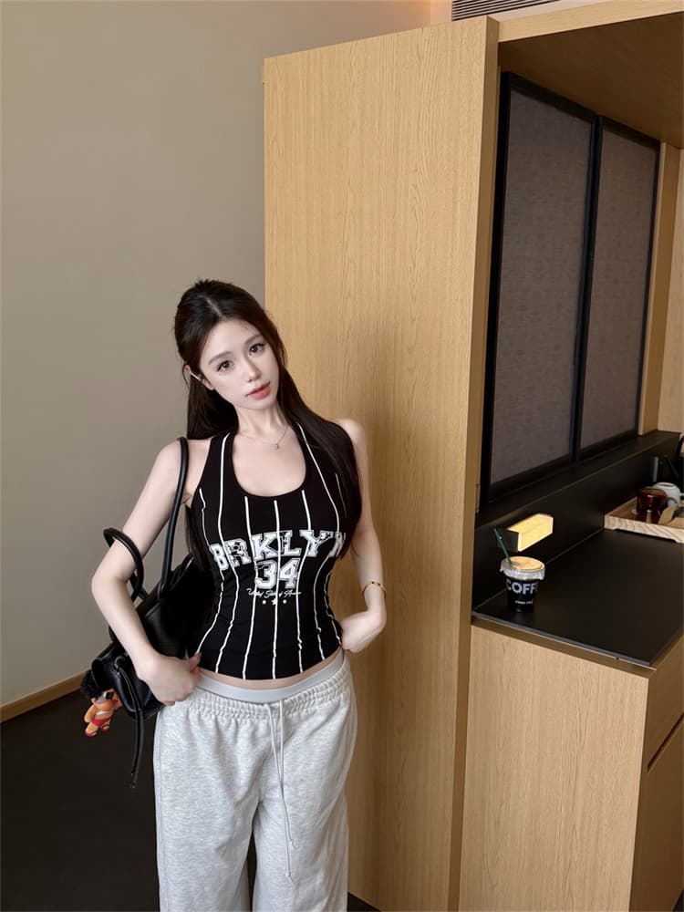 실사 정가 감소되지 않음 아메리칸 달콤한 핫걸 u 칼라 알파벳 숫자 프린트 행침 목 조끼 여성 민소매 몸매 가꾸기 맨위