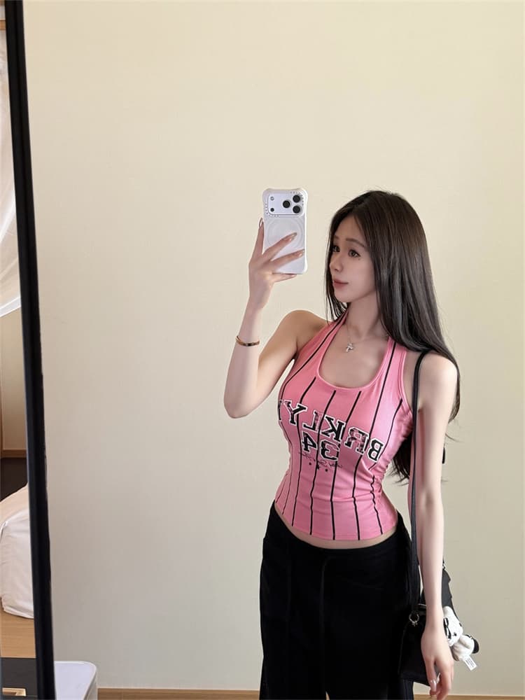 실사 정가 감소되지 않음 아메리칸 달콤한 핫걸 u 칼라 알파벳 숫자 프린트 행침 목 조끼 여성 민소매 몸매 가꾸기 맨위 상세 이미지 7
