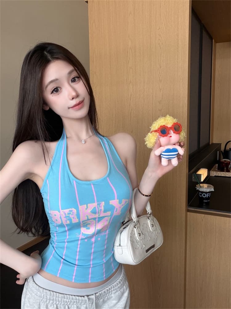실사 정가 감소되지 않음 아메리칸 달콤한 핫걸 u 칼라 알파벳 숫자 프린트 행침 목 조끼 여성 민소매 몸매 가꾸기 맨위 상세 이미지 8
