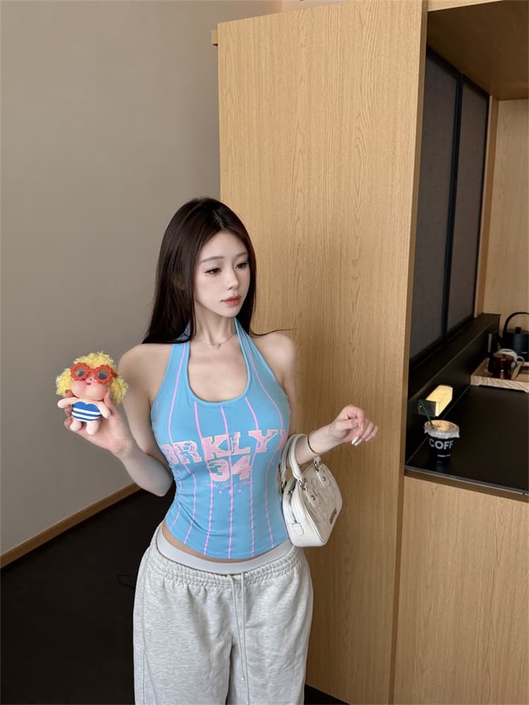 실사 정가 감소되지 않음 아메리칸 달콤한 핫걸 u 칼라 알파벳 숫자 프린트 행침 목 조끼 여성 민소매 몸매 가꾸기 맨위 상세 이미지 11