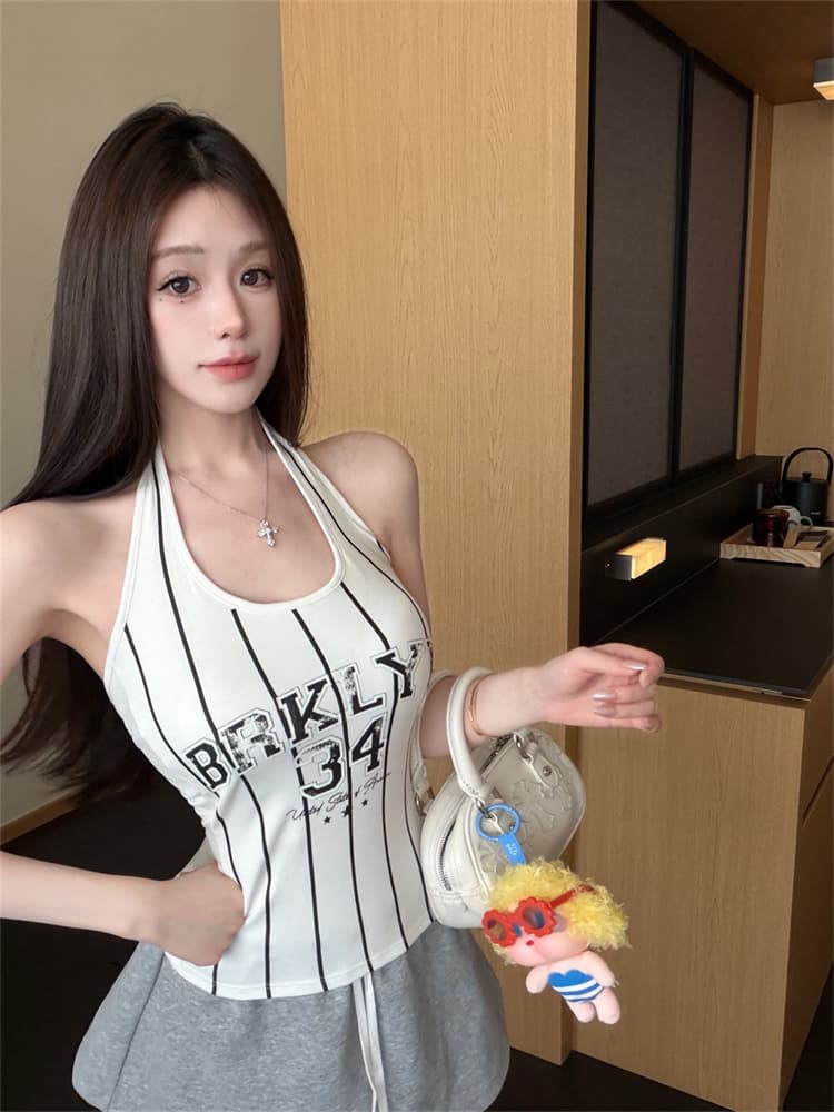 실사 정가 감소되지 않음 아메리칸 달콤한 핫걸 u 칼라 알파벳 숫자 프린트 행침 목 조끼 여성 민소매 몸매 가꾸기 맨위 상세 이미지 14