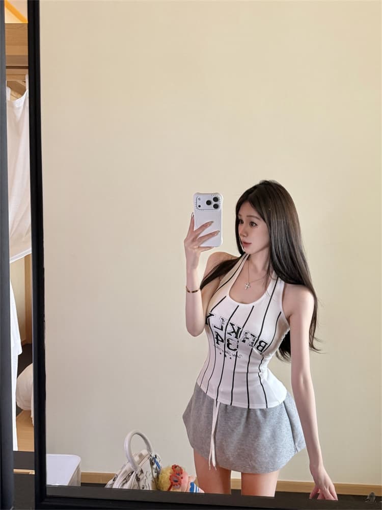 실사 정가 감소되지 않음 아메리칸 달콤한 핫걸 u 칼라 알파벳 숫자 프린트 행침 목 조끼 여성 민소매 몸매 가꾸기 맨위 상세 이미지 15