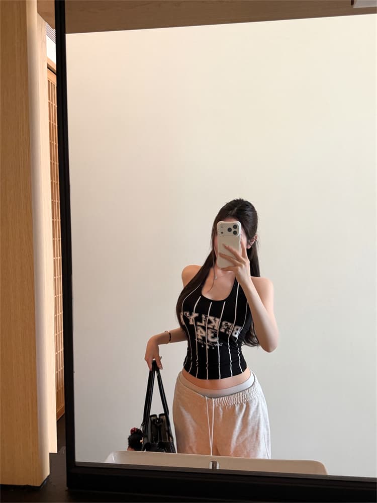 실사 정가 감소되지 않음 아메리칸 달콤한 핫걸 u 칼라 알파벳 숫자 프린트 행침 목 조끼 여성 민소매 몸매 가꾸기 맨위 상세 이미지 19