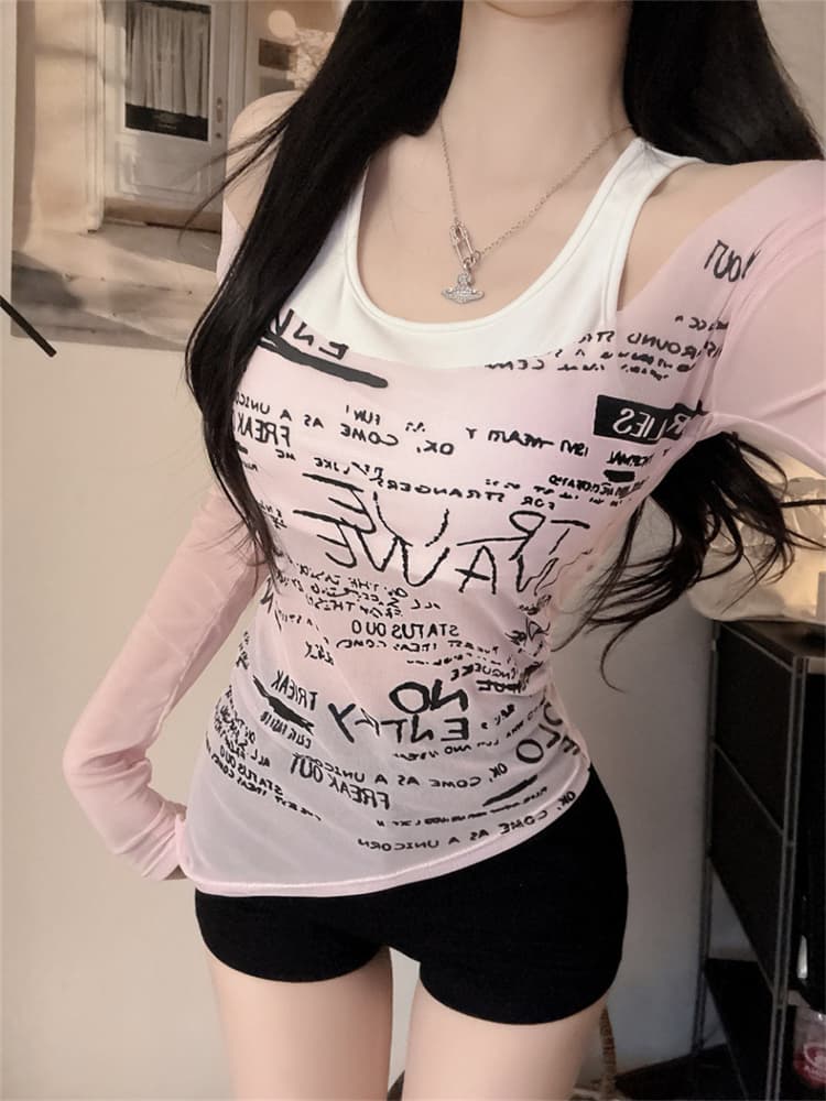 실사 정가 감소되지 않음 불규칙 페이크 레이어드 긴팔 티셔츠 여성 핫걸 오프숄더 행침 목 맨위 자외선 차단 블라우스