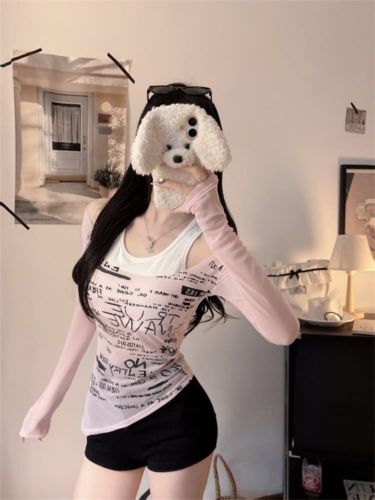 실사 정가 감소되지 않음 불규칙 페이크 레이어드 긴팔 티셔츠 여성 핫걸 오프숄더 행침 목 맨위 자외선 차단 블라우스 상세 이미지 10