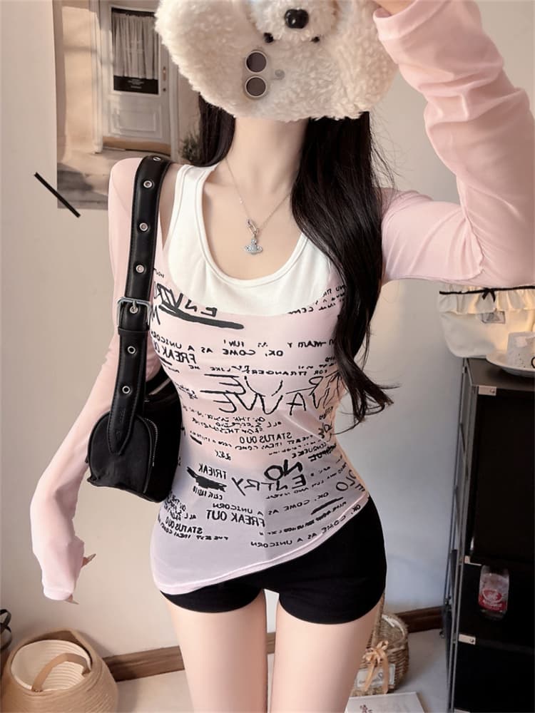 실사 정가 감소되지 않음 불규칙 페이크 레이어드 긴팔 티셔츠 여성 핫걸 오프숄더 행침 목 맨위 자외선 차단 블라우스 상세 이미지 11
