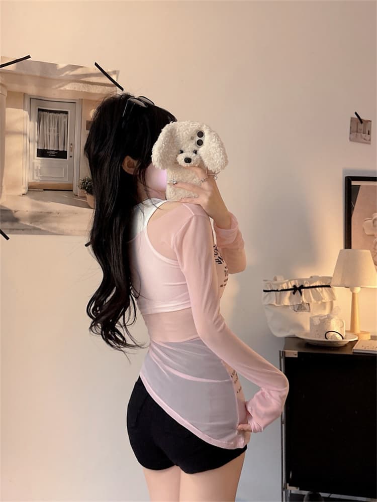 실사 정가 감소되지 않음 불규칙 페이크 레이어드 긴팔 티셔츠 여성 핫걸 오프숄더 행침 목 맨위 자외선 차단 블라우스 상세 이미지 13