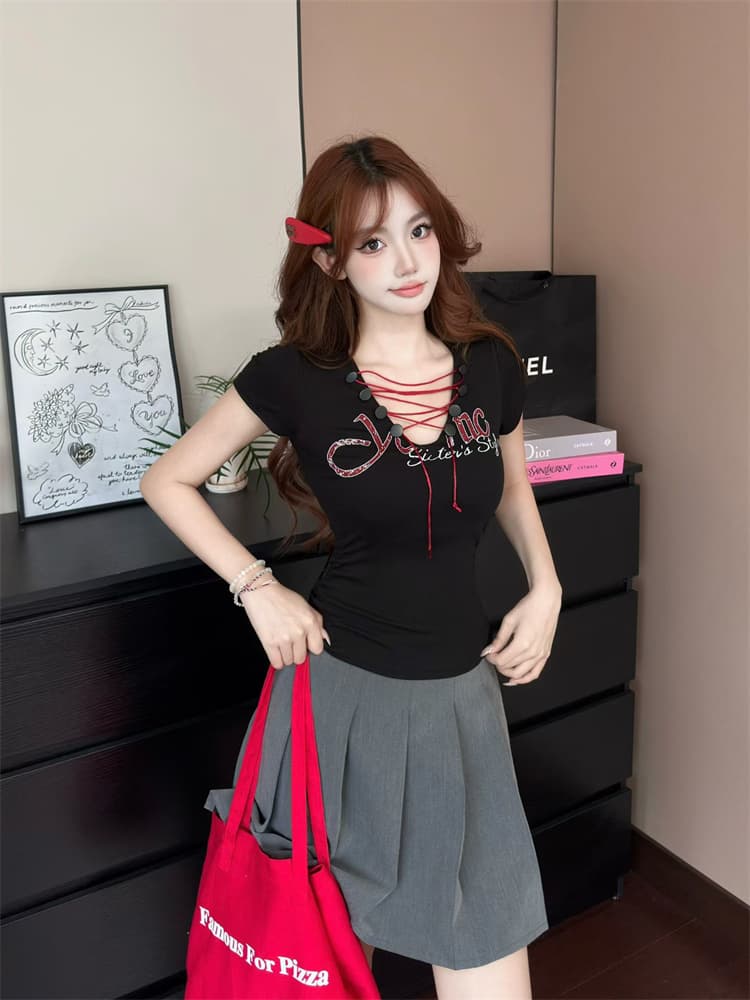 실사 정가 감소되지 않음 이슬 허리 레이스업 V넥 풀오버 맨위 반팔 티셔츠 몸매 가꾸기 슬림해 보이는 핫걸 작은 셔츠 상세 이미지 4