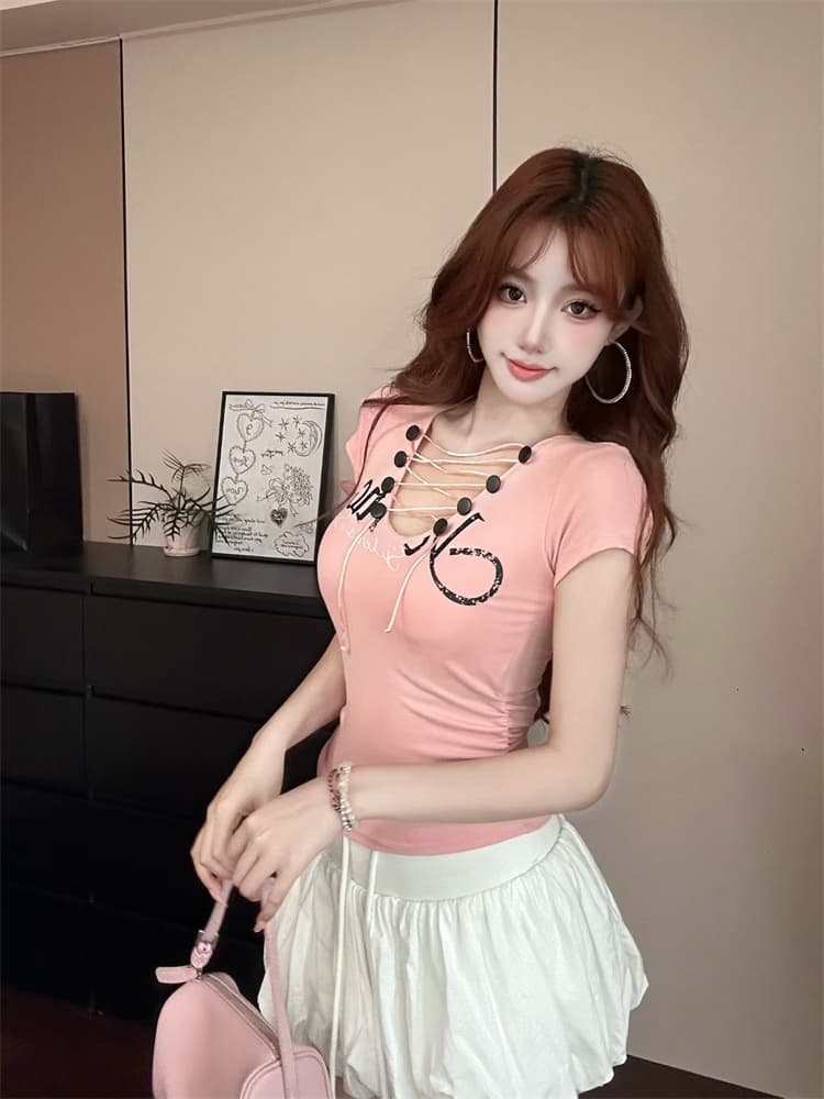 실사 정가 감소되지 않음 이슬 허리 레이스업 V넥 풀오버 맨위 반팔 티셔츠 몸매 가꾸기 슬림해 보이는 핫걸 작은 셔츠 상세 이미지 17