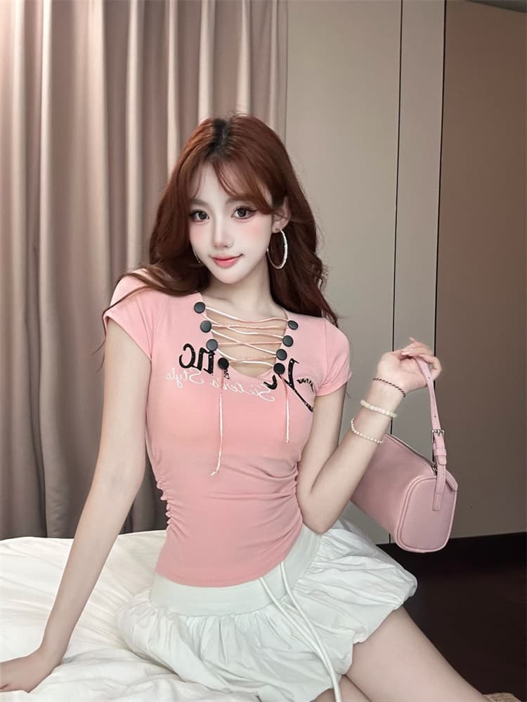 실사 정가 감소되지 않음 이슬 허리 레이스업 V넥 풀오버 맨위 반팔 티셔츠 몸매 가꾸기 슬림해 보이는 핫걸 작은 셔츠 상세 이미지 20