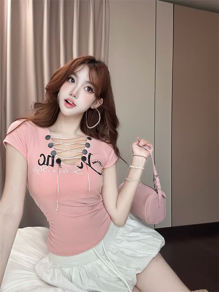 실사 정가 감소되지 않음 이슬 허리 레이스업 V넥 풀오버 맨위 반팔 티셔츠 몸매 가꾸기 슬림해 보이는 핫걸 작은 셔츠 상세 이미지 22