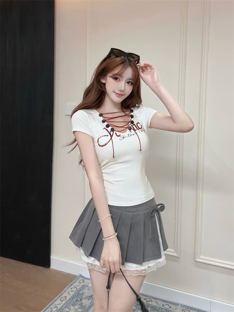 실사 정가 감소되지 않음 이슬 허리 레이스업 V넥 풀오버 맨위 반팔 티셔츠 몸매 가꾸기 슬림해 보이는 핫걸 작은 셔츠 상세 이미지 30