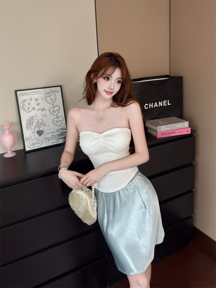 실사 정가 감소되지 않음 핫걸 순수한 욕망 망사 패치워크 핫픽스 튜브탑 조끼 여성 외출용 슬립 민소매 맨위 상세 이미지 1