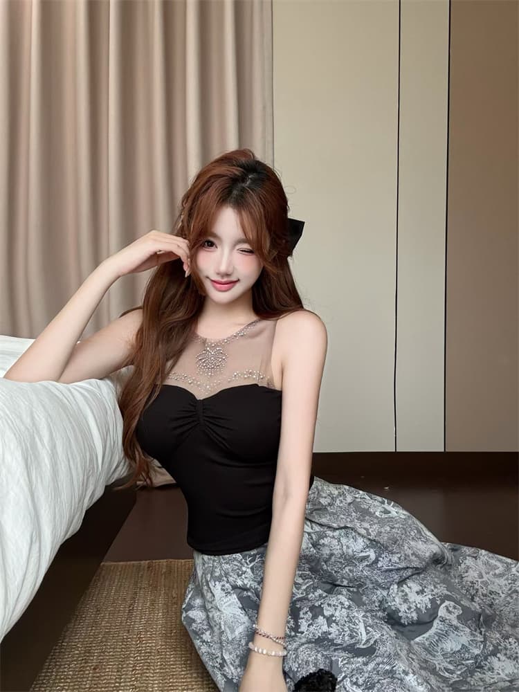 실사 정가 감소되지 않음 핫걸 순수한 욕망 망사 패치워크 핫픽스 튜브탑 조끼 여성 외출용 슬립 민소매 맨위 상세 이미지 17