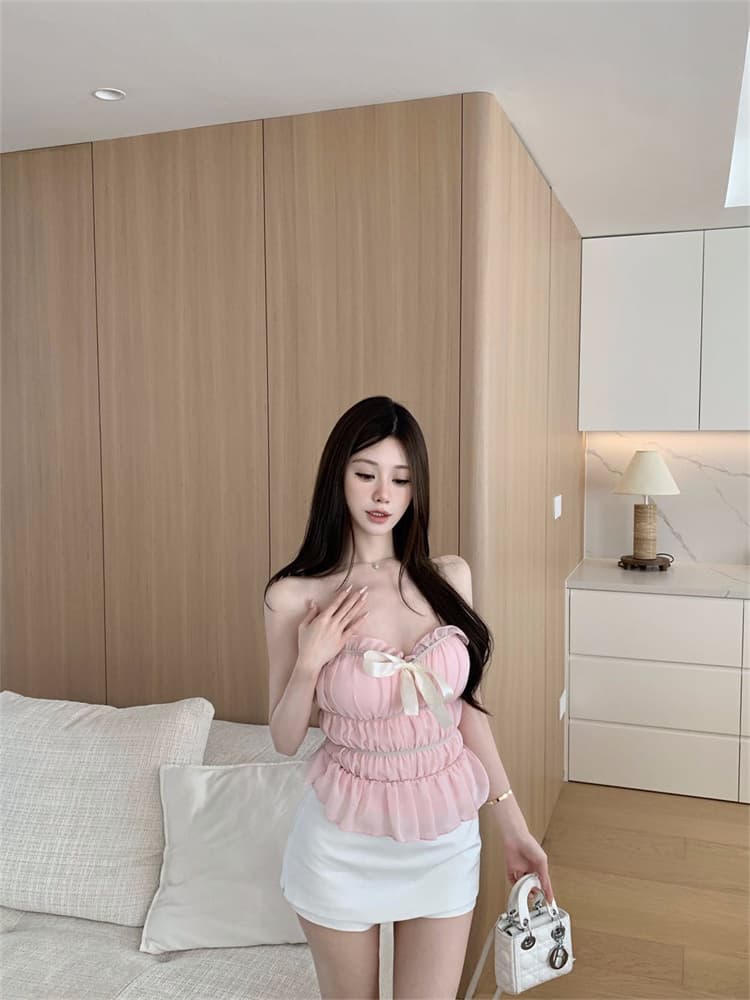 실사 정가 감소되지 않음 연령 감소 소녀 나비 매듭 도트 무늬 튜브탑 조끼 허리 수축 슬림해 보이는 프릴 맨위 여성 상세 이미지 21