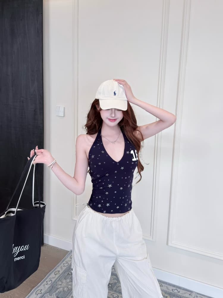 실사 정가 감소되지 않음 아메리칸 핫걸 바람 V넥 별 행침 목 조끼 여성 몸매 가꾸기 민소매 맨위 외출용 상세 이미지 17