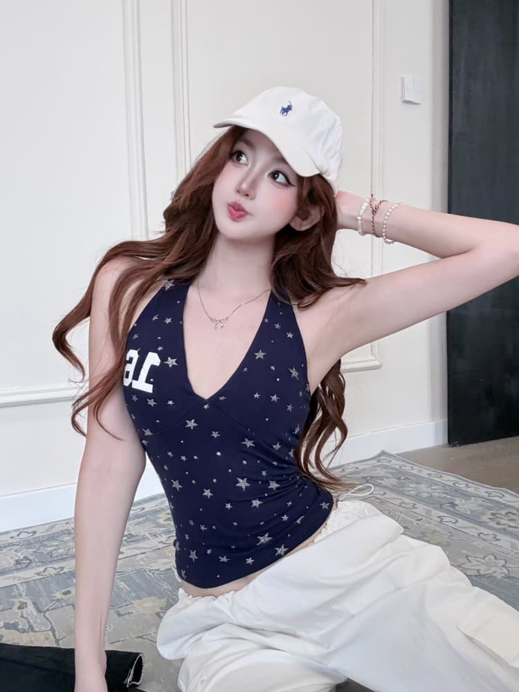 실사 정가 감소되지 않음 아메리칸 핫걸 바람 V넥 별 행침 목 조끼 여성 몸매 가꾸기 민소매 맨위 외출용 상세 이미지 20