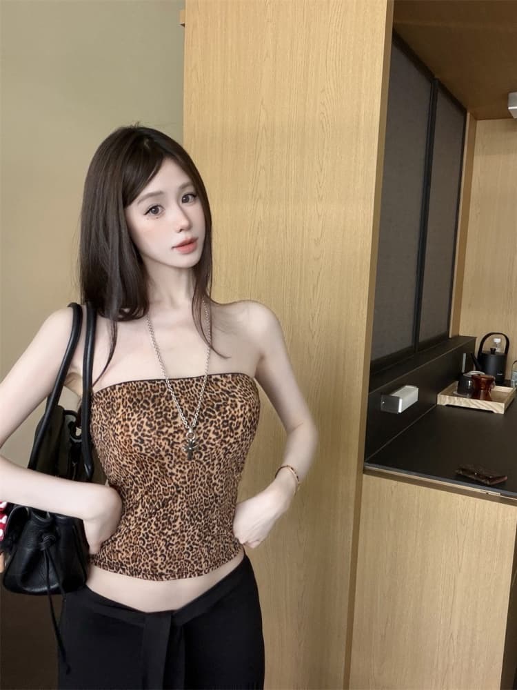 실사 정가 감소되지 않음 순수한 욕망 바람 레트로 레오파드 무늬 오프숄더 튜브탑 조끼 섹시함 몸매 가꾸기 쇼트 스타일 민소매 맨위 상세 이미지 17