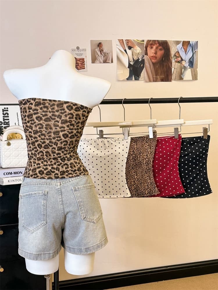 실사 정가 감소되지 않음 순수한 욕망 바람 레트로 레오파드 무늬 오프숄더 튜브탑 조끼 섹시함 몸매 가꾸기 쇼트 스타일 민소매 맨위 상세 이미지 38