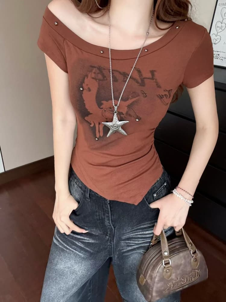 실사 정가 감소되지 않음 불규칙 징 비스듬한 어깨 반팔 티셔츠 여성 아메리칸 핫걸 한 단어 어깨 벨트 가슴 패드 상세 이미지 1