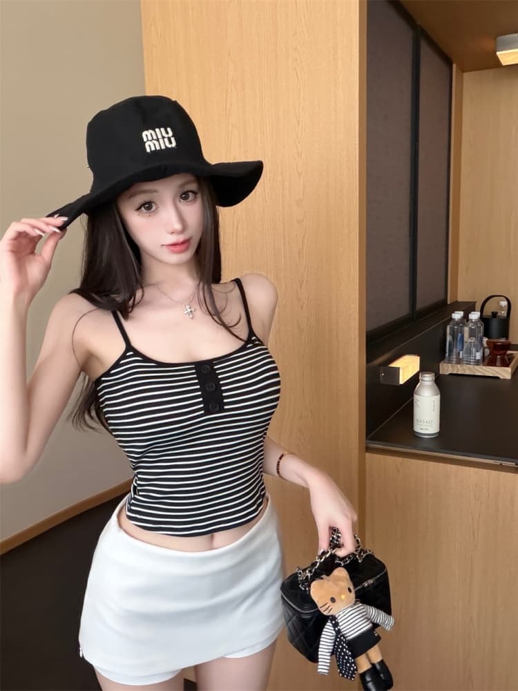 실사 정가 감소되지 않음 핫걸 바람 흑백 줄무늬 u 칼라 캐미솔 허리 수축 슬림해 보이는 수 있습니다. 외출용 쇼트 스타일 맨위 상세 이미지 4