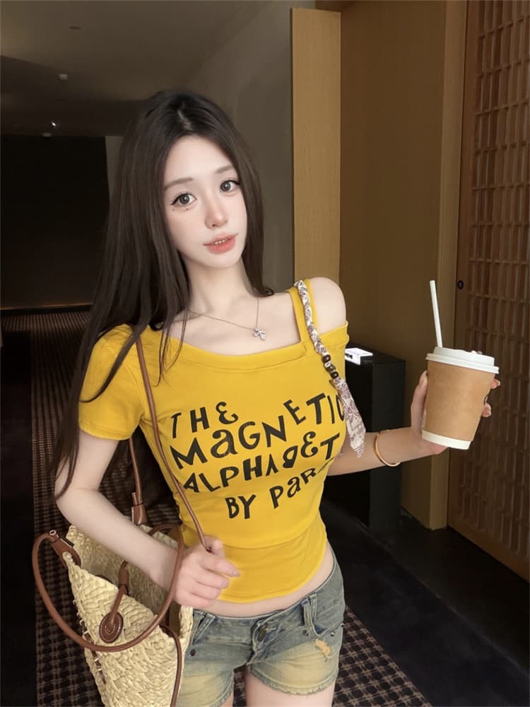 실사 정가 감소되지 않음 소녀 핫걸 알파벳 프린트 비스듬한 어깨 슬립 반팔 티셔츠 순수한 욕망 바람 몸매 가꾸기 맨위 여성 상세 이미지 3