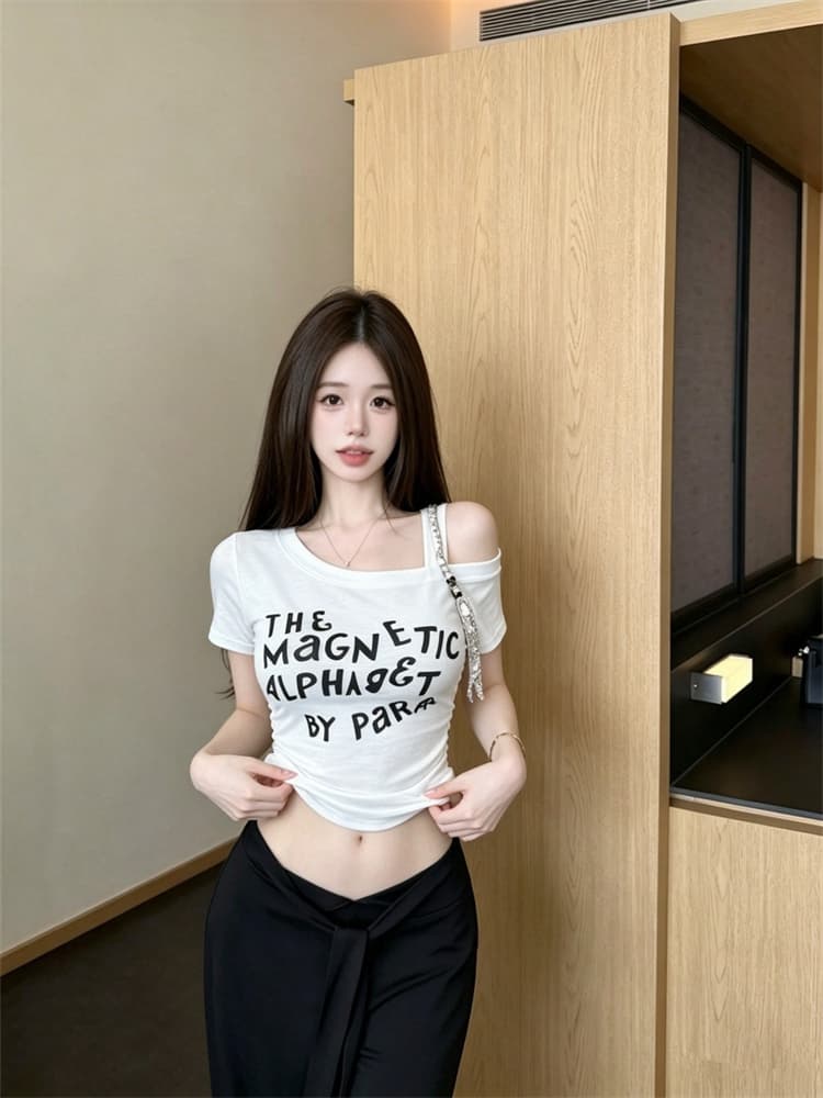 실사 정가 감소되지 않음 소녀 핫걸 알파벳 프린트 비스듬한 어깨 슬립 반팔 티셔츠 순수한 욕망 바람 몸매 가꾸기 맨위 여성 상세 이미지 20