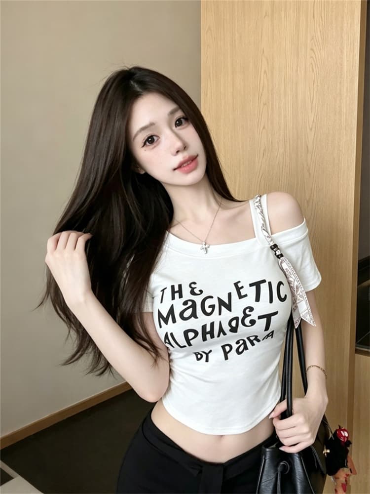 실사 정가 감소되지 않음 소녀 핫걸 알파벳 프린트 비스듬한 어깨 슬립 반팔 티셔츠 순수한 욕망 바람 몸매 가꾸기 맨위 여성 상세 이미지 21