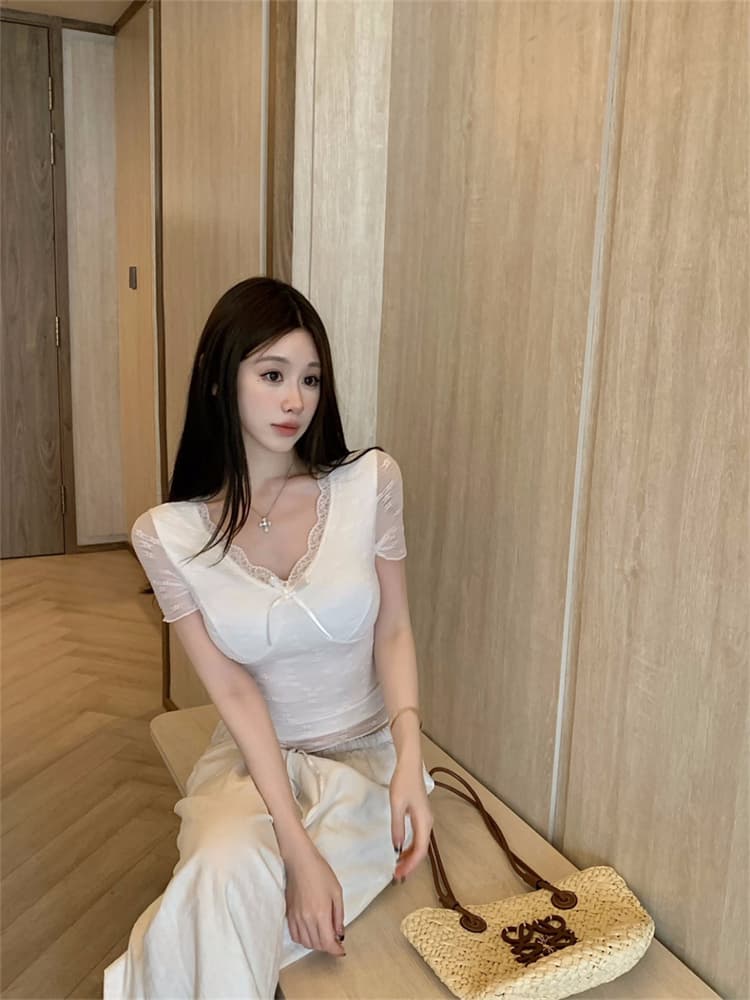 실사 정가 감소되지 않음 달콤함 레이스 나비 매듭 V넥 반팔 티셔츠 섹시함 핫걸 몸매 가꾸기 벨트 가슴 패드 의류 이미지 3