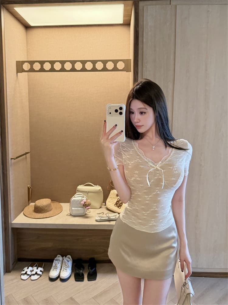 실사 정가 감소되지 않음 달콤함 레이스 나비 매듭 V넥 반팔 티셔츠 섹시함 핫걸 몸매 가꾸기 벨트 가슴 패드 의류 상세 이미지 1