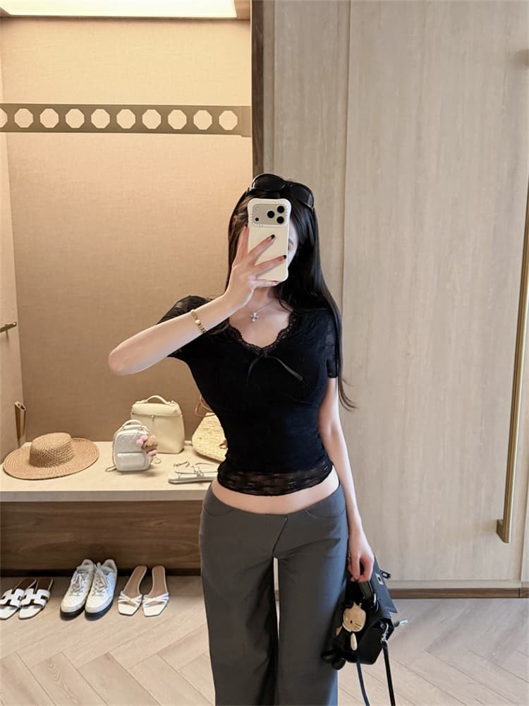실사 정가 감소되지 않음 달콤함 레이스 나비 매듭 V넥 반팔 티셔츠 섹시함 핫걸 몸매 가꾸기 벨트 가슴 패드 의류 상세 이미지 8