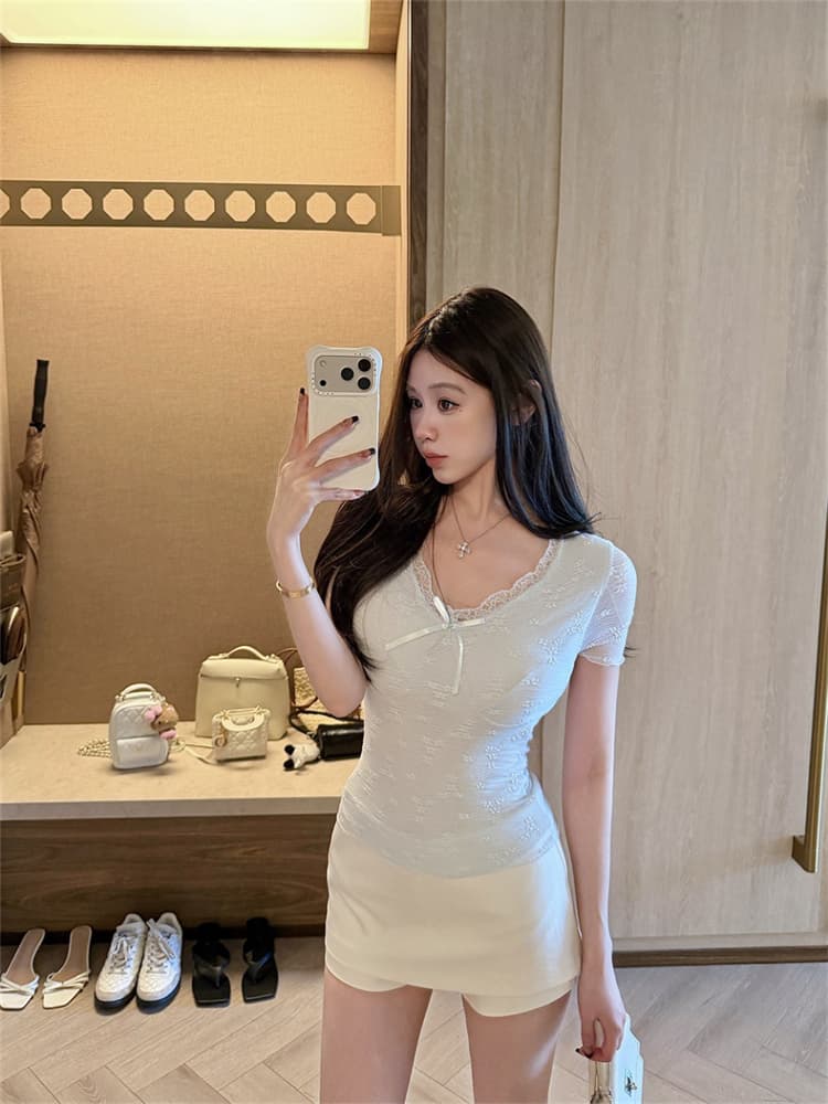실사 정가 감소되지 않음 달콤함 레이스 나비 매듭 V넥 반팔 티셔츠 섹시함 핫걸 몸매 가꾸기 벨트 가슴 패드 의류 상세 이미지 25