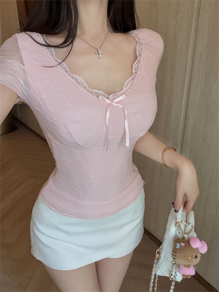 실사 정가 감소되지 않음 달콤함 레이스 나비 매듭 V넥 반팔 티셔츠 섹시함 핫걸 몸매 가꾸기 벨트 가슴 패드 의류 상세 이미지 26