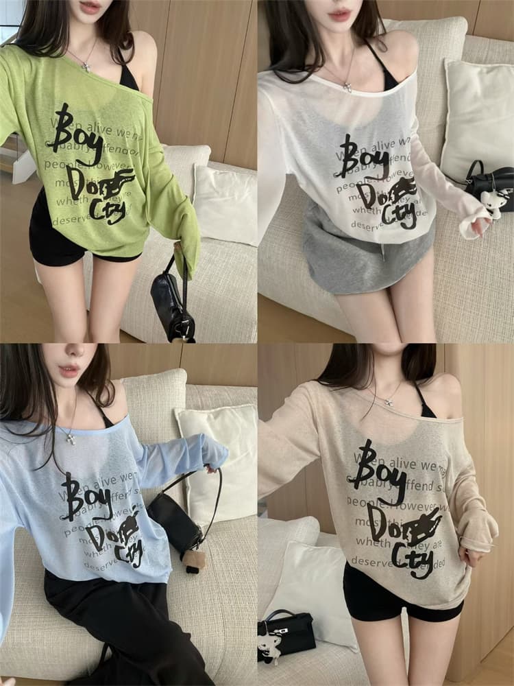 실사 정가 감소되지 않음 알파벳 프린트 마이크로 ~을 통해 긴팔 티셔츠 오프숄더 루즈핏 느긋한 바람 얇은 스타일 태양 보호 셔츠 상세 이미지 1
