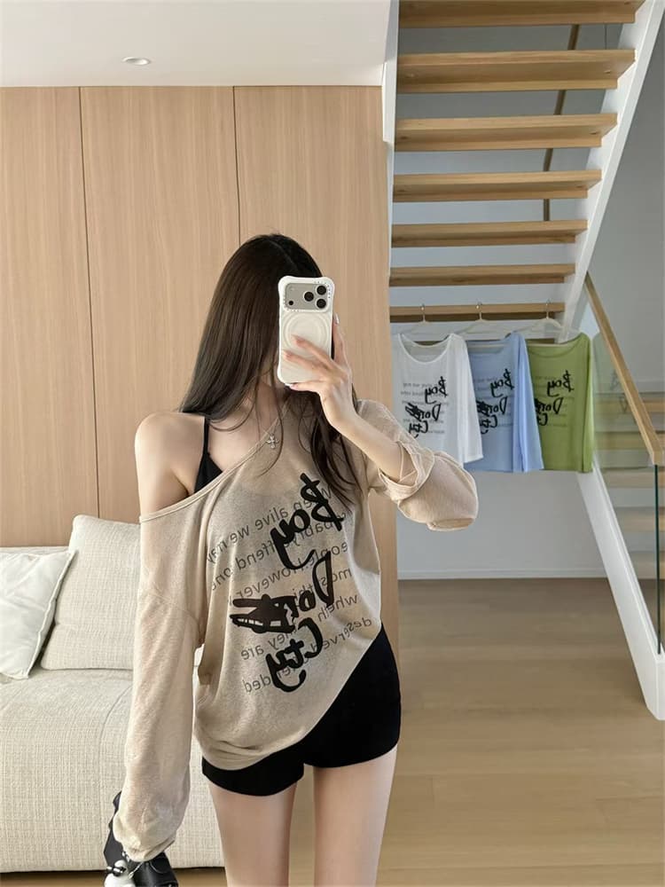 실사 정가 감소되지 않음 알파벳 프린트 마이크로 ~을 통해 긴팔 티셔츠 오프숄더 루즈핏 느긋한 바람 얇은 스타일 태양 보호 셔츠 상세 이미지 3