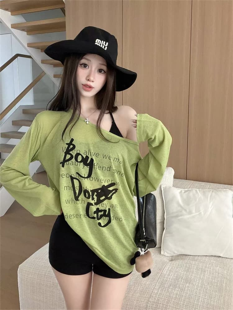 실사 정가 감소되지 않음 알파벳 프린트 마이크로 ~을 통해 긴팔 티셔츠 오프숄더 루즈핏 느긋한 바람 얇은 스타일 태양 보호 셔츠 상세 이미지 7