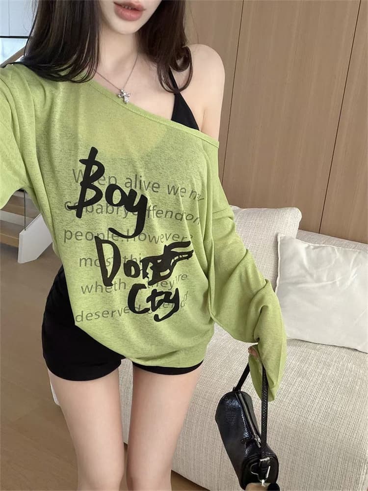 실사 정가 감소되지 않음 알파벳 프린트 마이크로 ~을 통해 긴팔 티셔츠 오프숄더 루즈핏 느긋한 바람 얇은 스타일 태양 보호 셔츠 상세 이미지 8