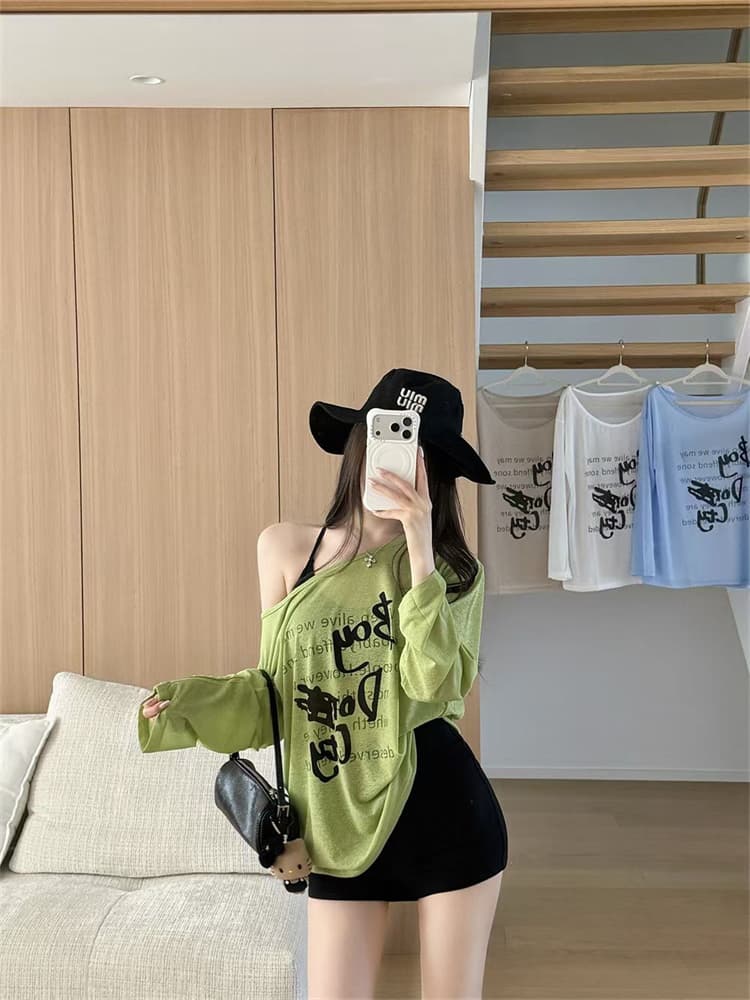실사 정가 감소되지 않음 알파벳 프린트 마이크로 ~을 통해 긴팔 티셔츠 오프숄더 루즈핏 느긋한 바람 얇은 스타일 태양 보호 셔츠 상세 이미지 9