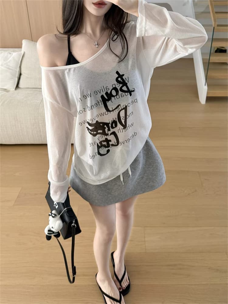 실사 정가 감소되지 않음 알파벳 프린트 마이크로 ~을 통해 긴팔 티셔츠 오프숄더 루즈핏 느긋한 바람 얇은 스타일 태양 보호 셔츠 상세 이미지 15
