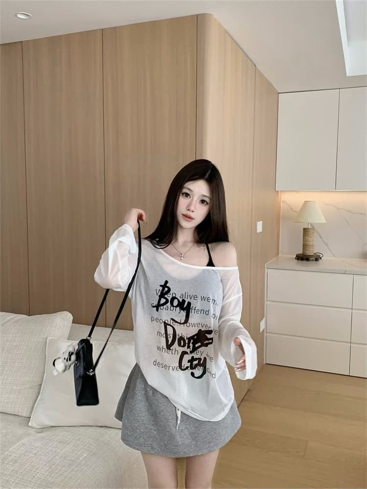 실사 정가 감소되지 않음 알파벳 프린트 마이크로 ~을 통해 긴팔 티셔츠 오프숄더 루즈핏 느긋한 바람 얇은 스타일 태양 보호 셔츠 상세 이미지 20