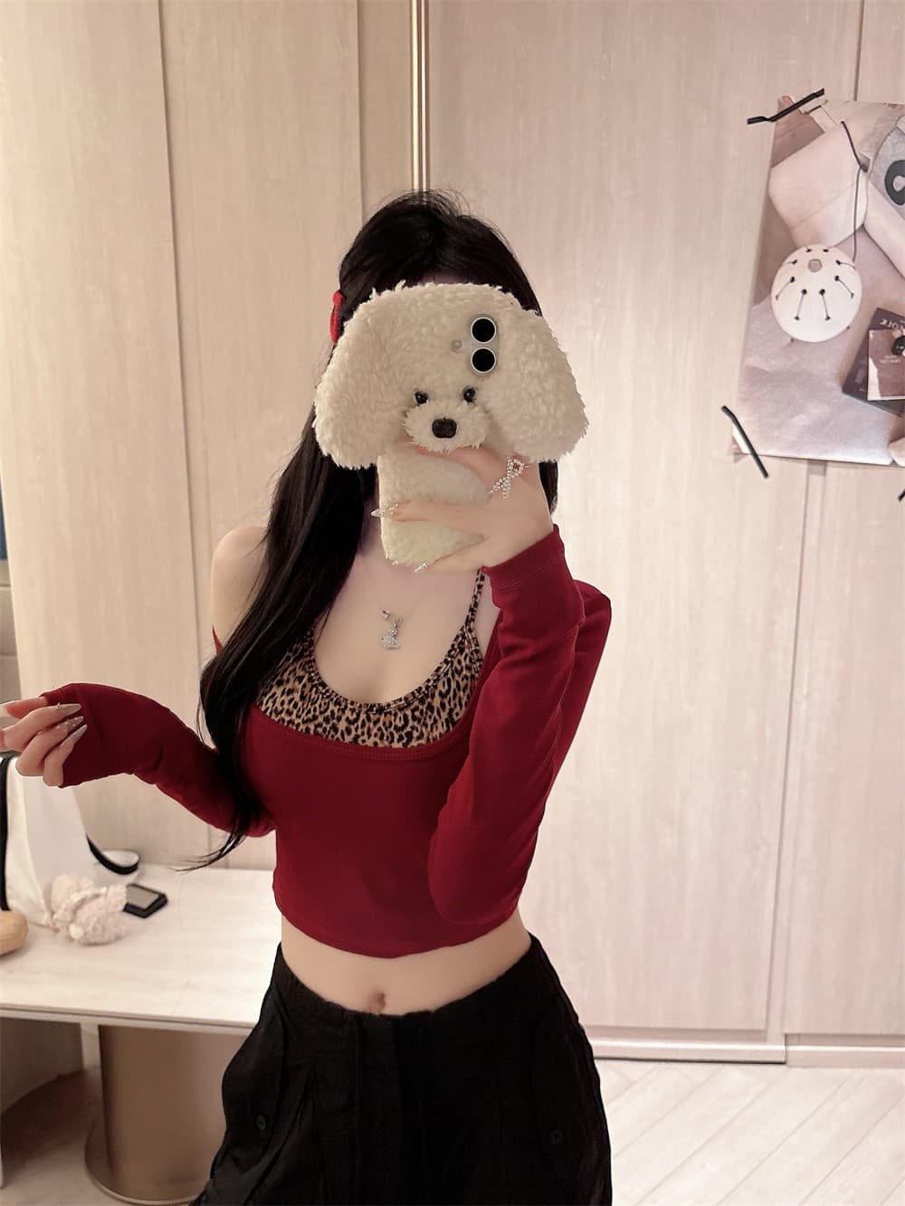 실사 정가 감소되지 않음 핫걸 레오파드 무늬 배색 행침 목 캐미솔 섹시함 몸매 가꾸기 슬림해 보이는 쇼트 스타일 긴팔 티셔츠 상세 이미지 12