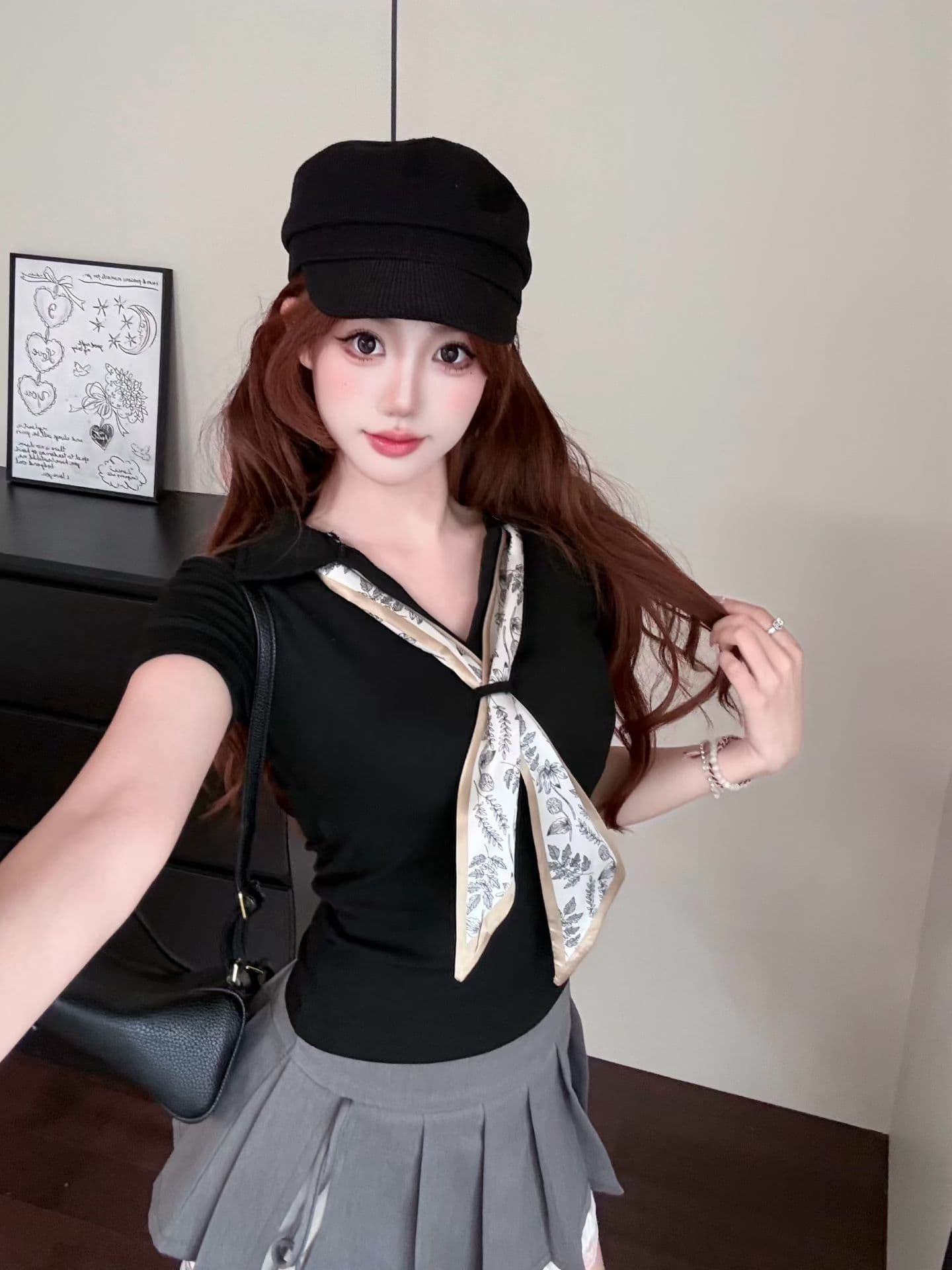 실사 정가 감소되지 않음 작은 샤넬 스타일 프린트 스카프 폴로 칼라 반팔 티셔츠 여성 몸매 가꾸기 슬림해 보이는 만나는 맨위 상세 이미지 13