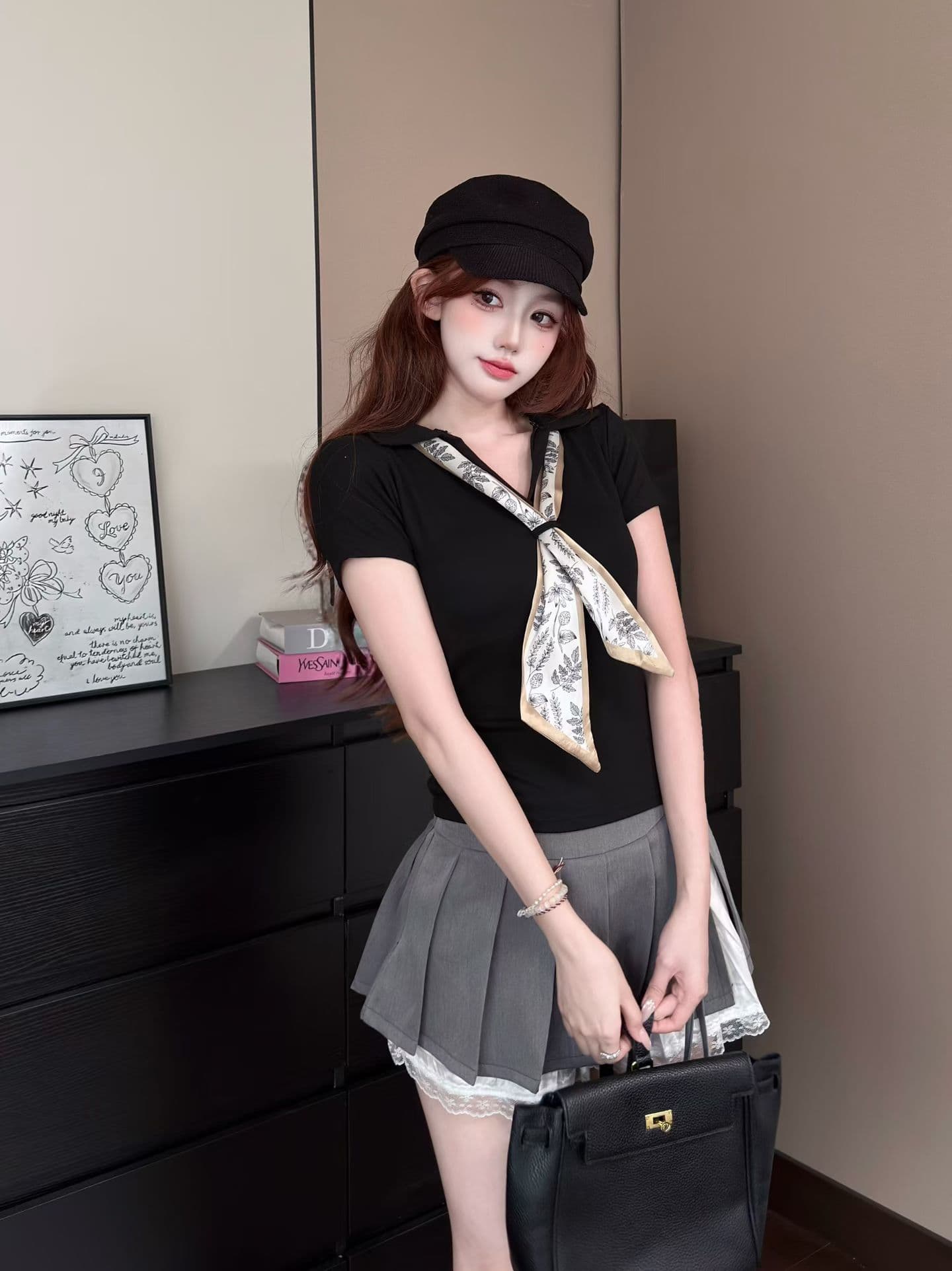 실사 정가 감소되지 않음 작은 샤넬 스타일 프린트 스카프 폴로 칼라 반팔 티셔츠 여성 몸매 가꾸기 슬림해 보이는 만나는 맨위 상세 이미지 24