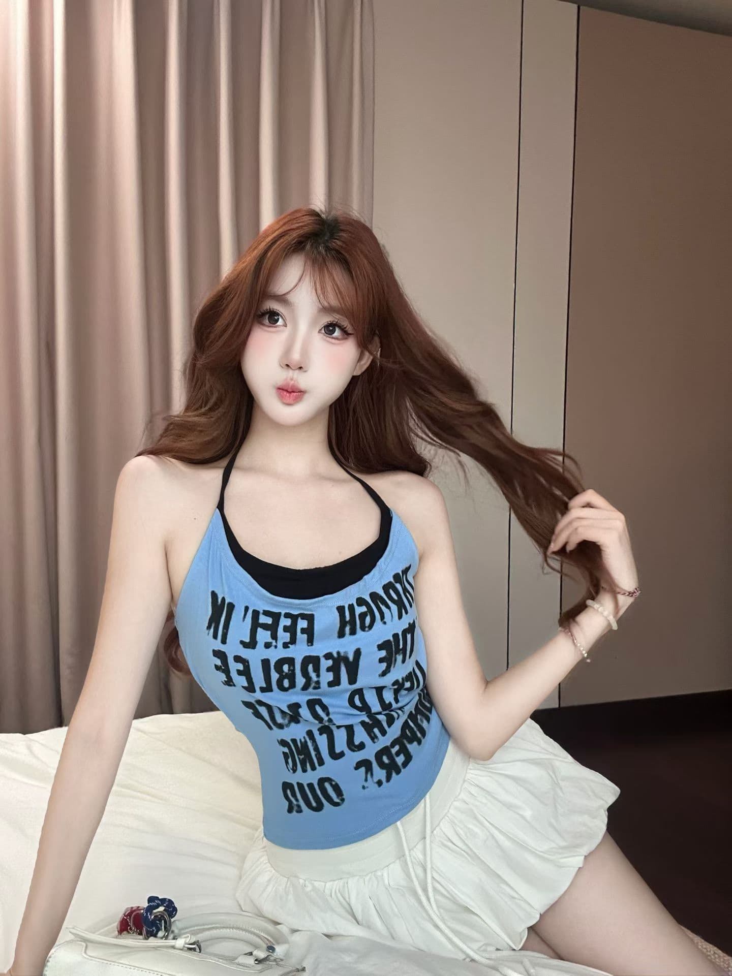 실사 정가 감소되지 않음 아메리칸 핫걸 바람 페이크 레이어드 캐미솔 알파벳 프린트 행침 목 몸매 가꾸기 슬림해 보이는 맨위 상세 이미지 1