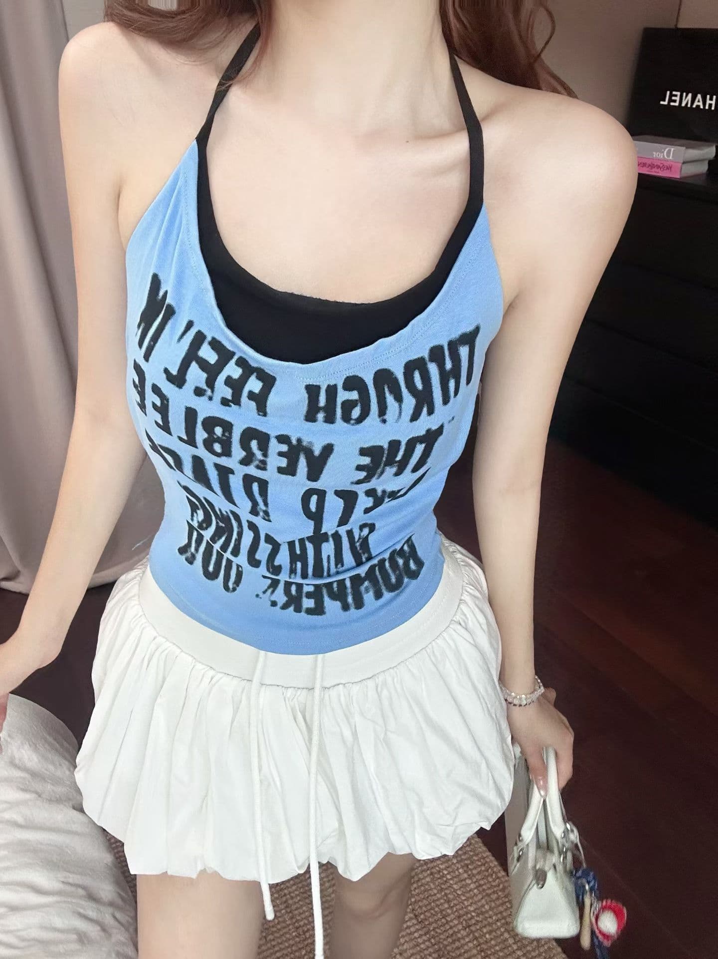 실사 정가 감소되지 않음 아메리칸 핫걸 바람 페이크 레이어드 캐미솔 알파벳 프린트 행침 목 몸매 가꾸기 슬림해 보이는 맨위 상세 이미지 6