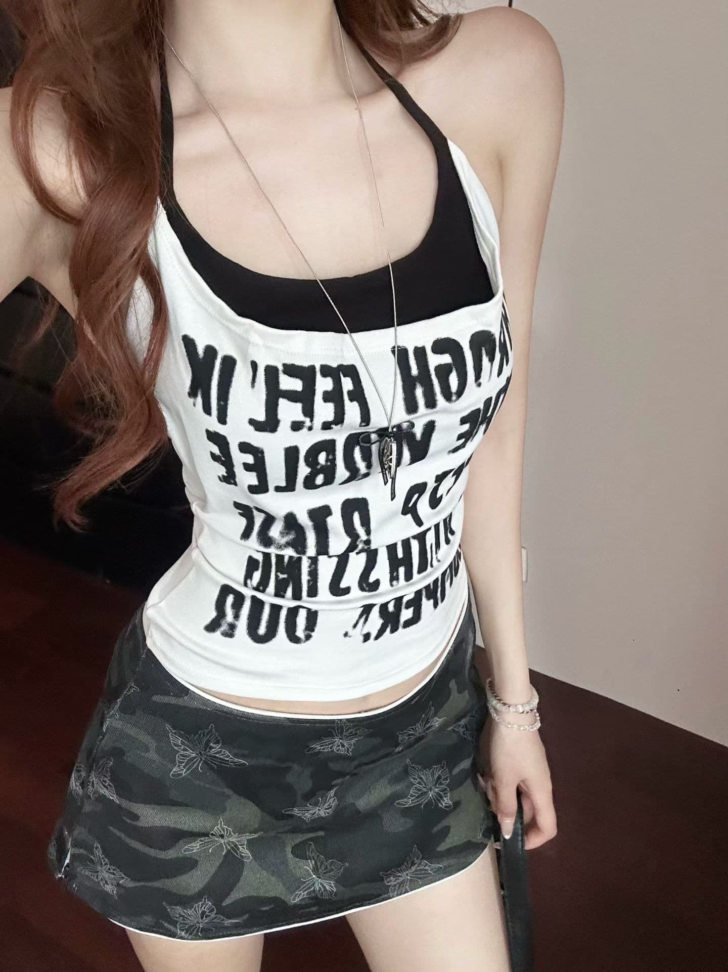 실사 정가 감소되지 않음 아메리칸 핫걸 바람 페이크 레이어드 캐미솔 알파벳 프린트 행침 목 몸매 가꾸기 슬림해 보이는 맨위 상세 이미지 7