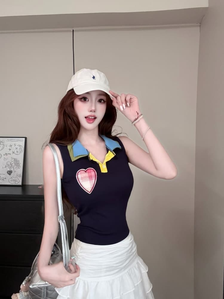 실사 정가 감소되지 않음 벨트 가슴 패드 달콤한 차가운 핫걸 배색 패치 하트 자수 몸매 가꾸기 슬림해 보이는 쇼트 스타일 맨위 이미지 2