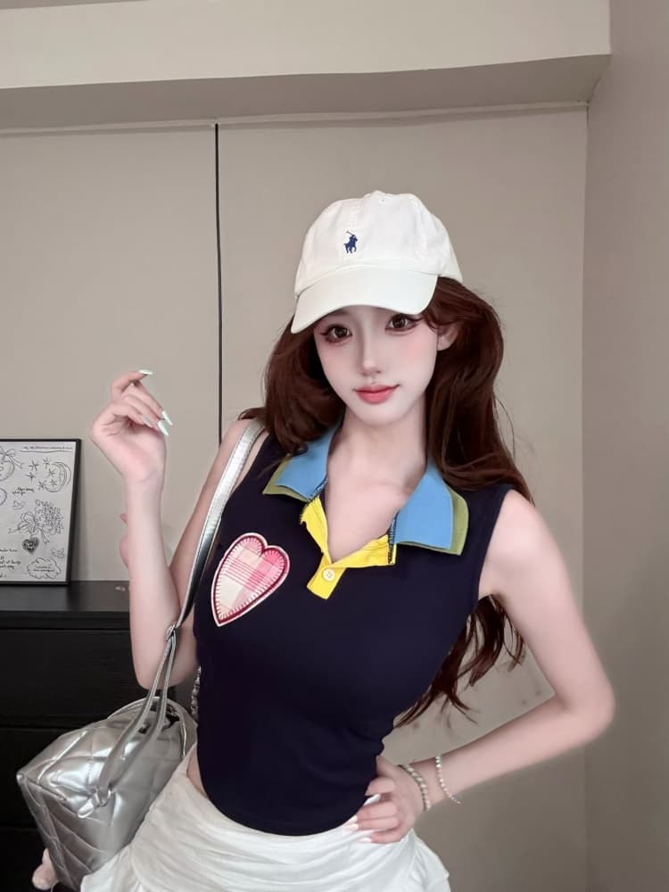 실사 정가 감소되지 않음 벨트 가슴 패드 달콤한 차가운 핫걸 배색 패치 하트 자수 몸매 가꾸기 슬림해 보이는 쇼트 스타일 맨위 상세 이미지 2