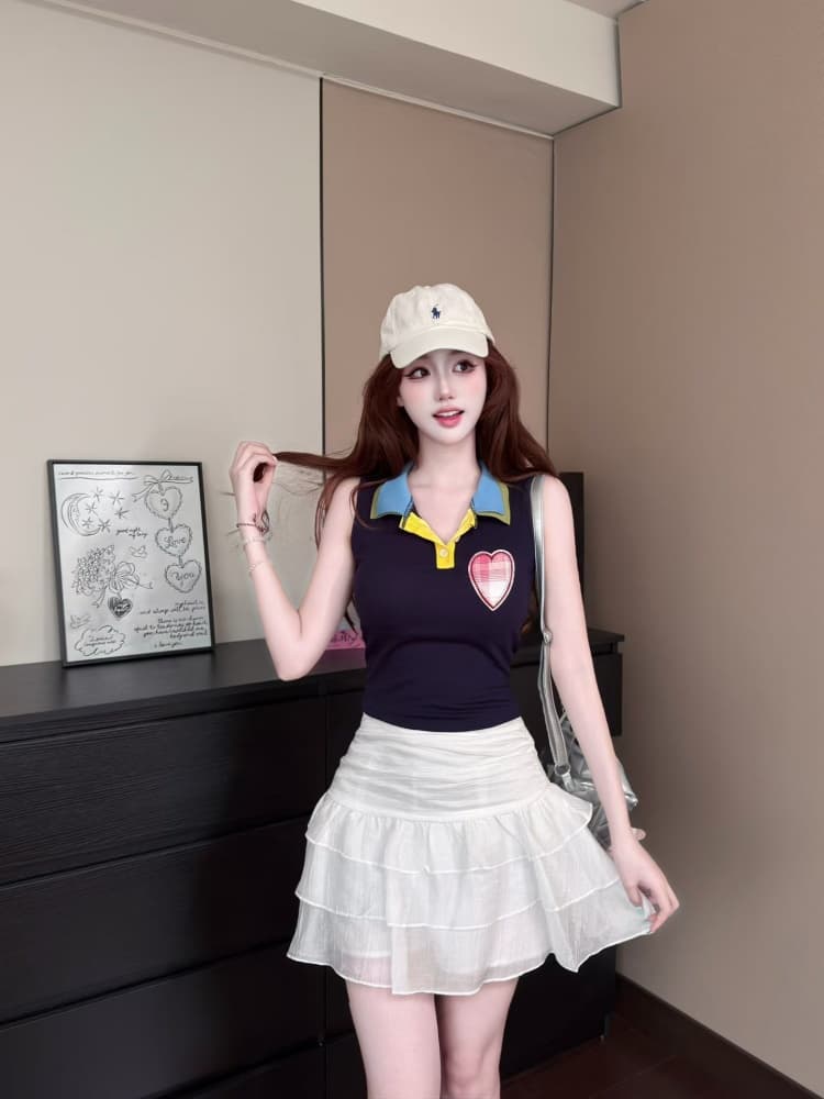 실사 정가 감소되지 않음 벨트 가슴 패드 달콤한 차가운 핫걸 배색 패치 하트 자수 몸매 가꾸기 슬림해 보이는 쇼트 스타일 맨위 상세 이미지 6