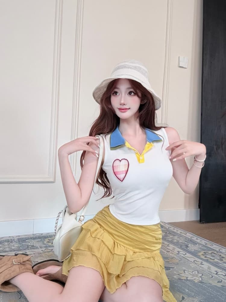 실사 정가 감소되지 않음 벨트 가슴 패드 달콤한 차가운 핫걸 배색 패치 하트 자수 몸매 가꾸기 슬림해 보이는 쇼트 스타일 맨위 상세 이미지 8